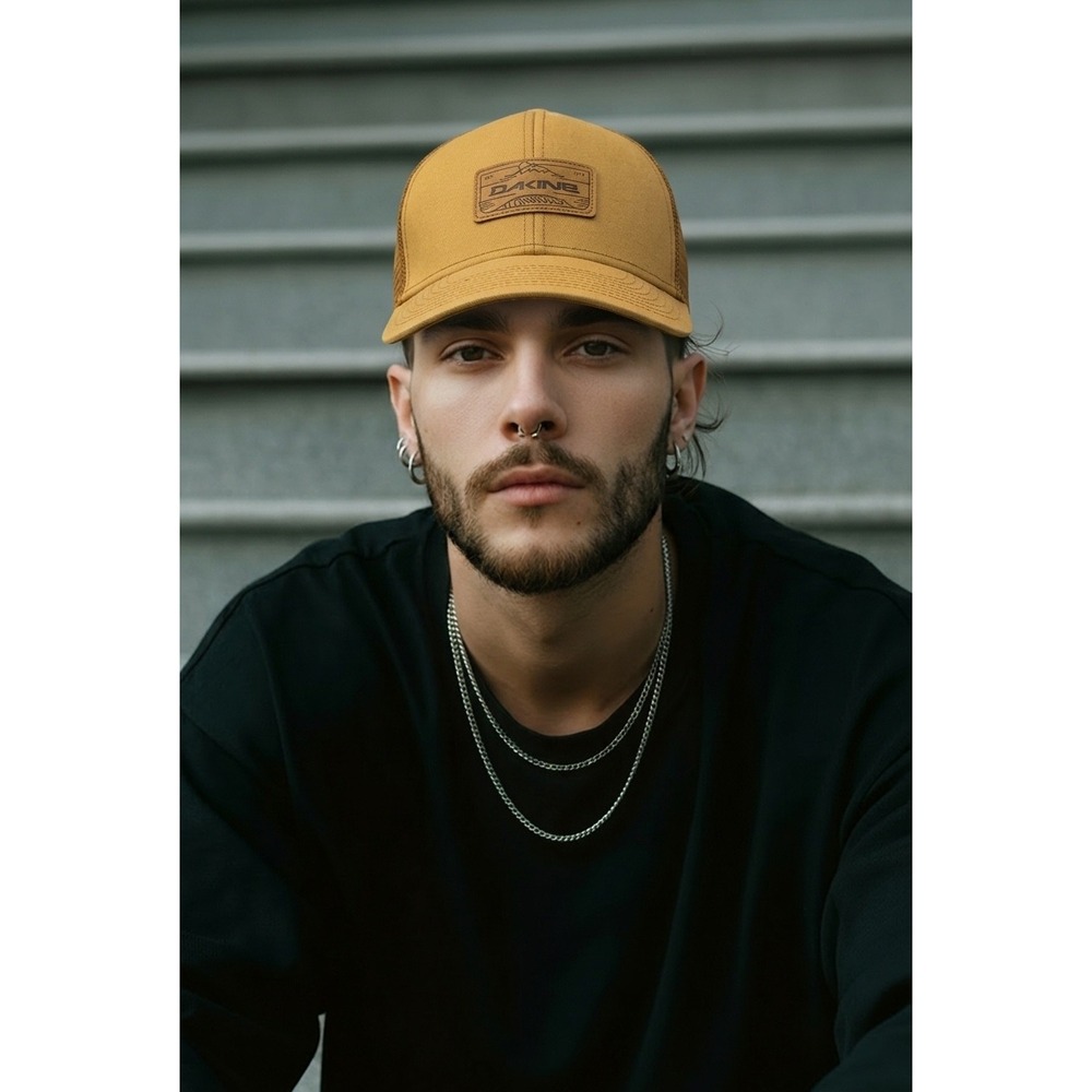 Dakine Mens Mustard Yellow Mesh Back Snapback Trucker Hat with Logo Patch